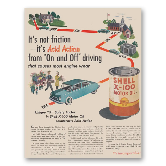 1949 Shell Motor Oil Not Friction Its Acid Action Vintage Magazine Print Ad