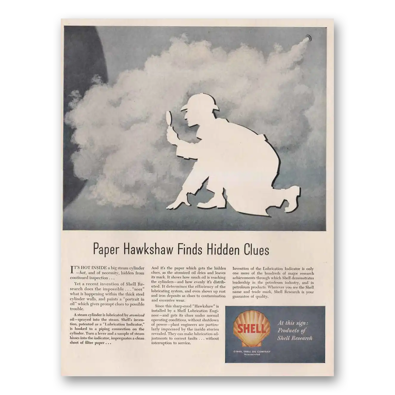 1949 Shell Research Paper Hawkshaw Finds Hidden Clues Vintage Magazine Print Ad