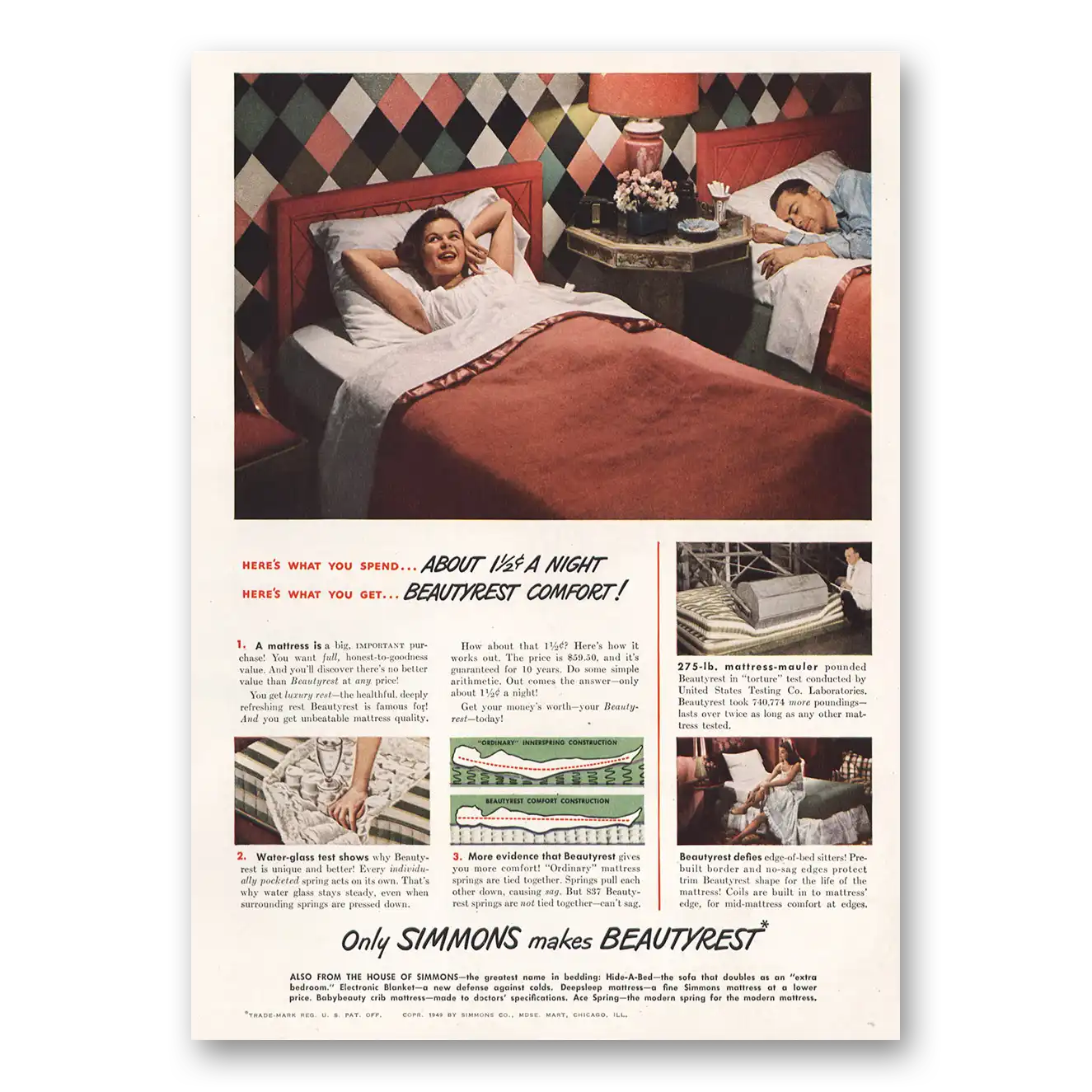 1949 Simmons Beautyrest Heres What You Spend Vintage Magazine Print Ad