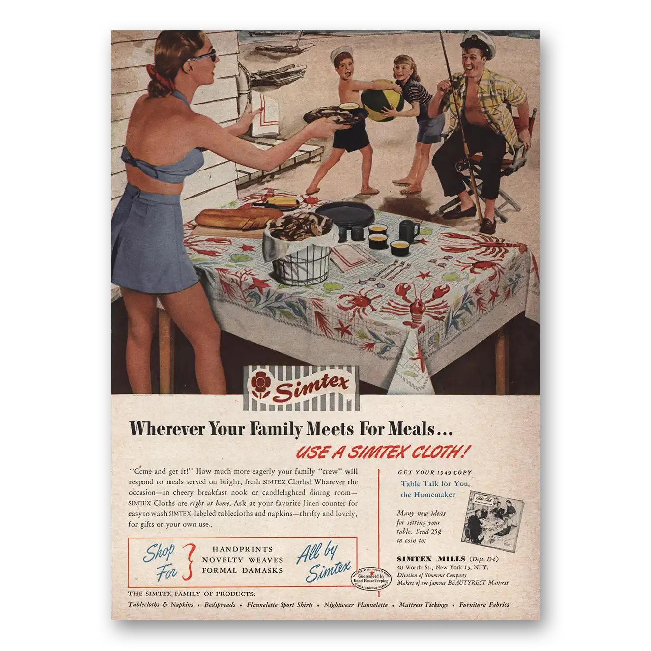 1949 Simtex Cloths Wherever Your Family Meets for Meals Vintage Magazine Print Ad