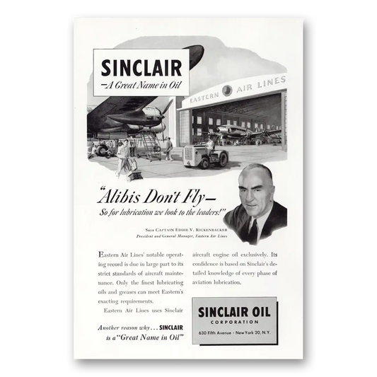 1949 Sinclair Oil Alibis Don't Fly Eastern Airlines Vintage Magazine Print Ad