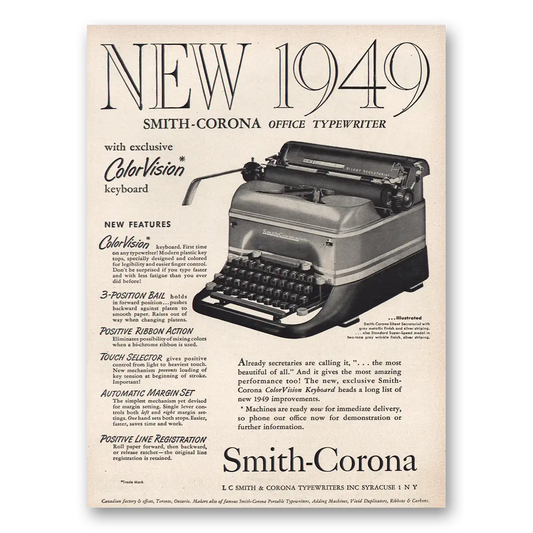 1949 Smith Corona Typewriters Color Vision Keyboard Vintage Magazine Print Ad