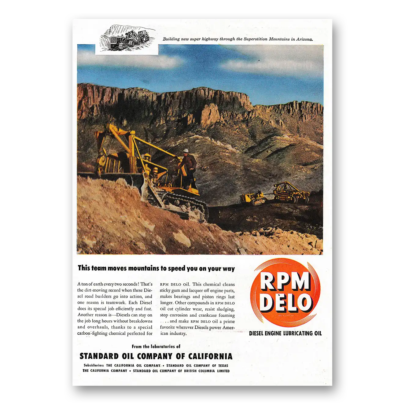 1949 RPM DELO Oil Superstition Mountains in Arizona Vintage Magazine Print Ad