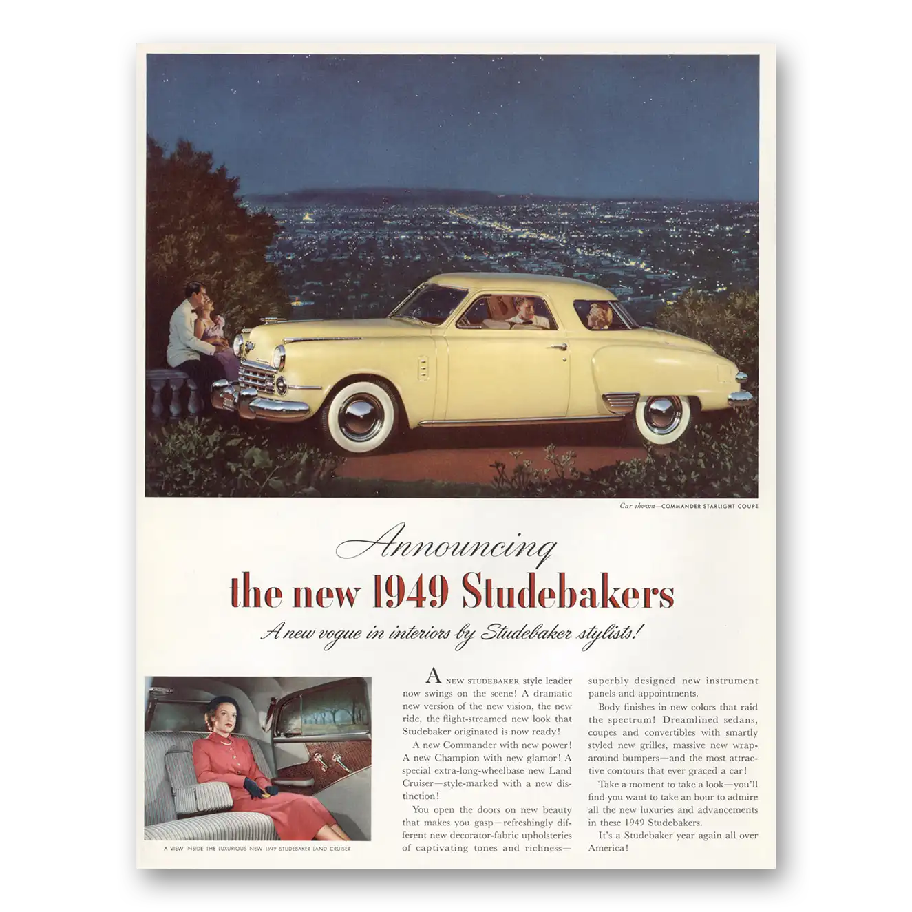 1949 Studebaker Commander New Vogue In Interiors Vintage Magazine Print Ad