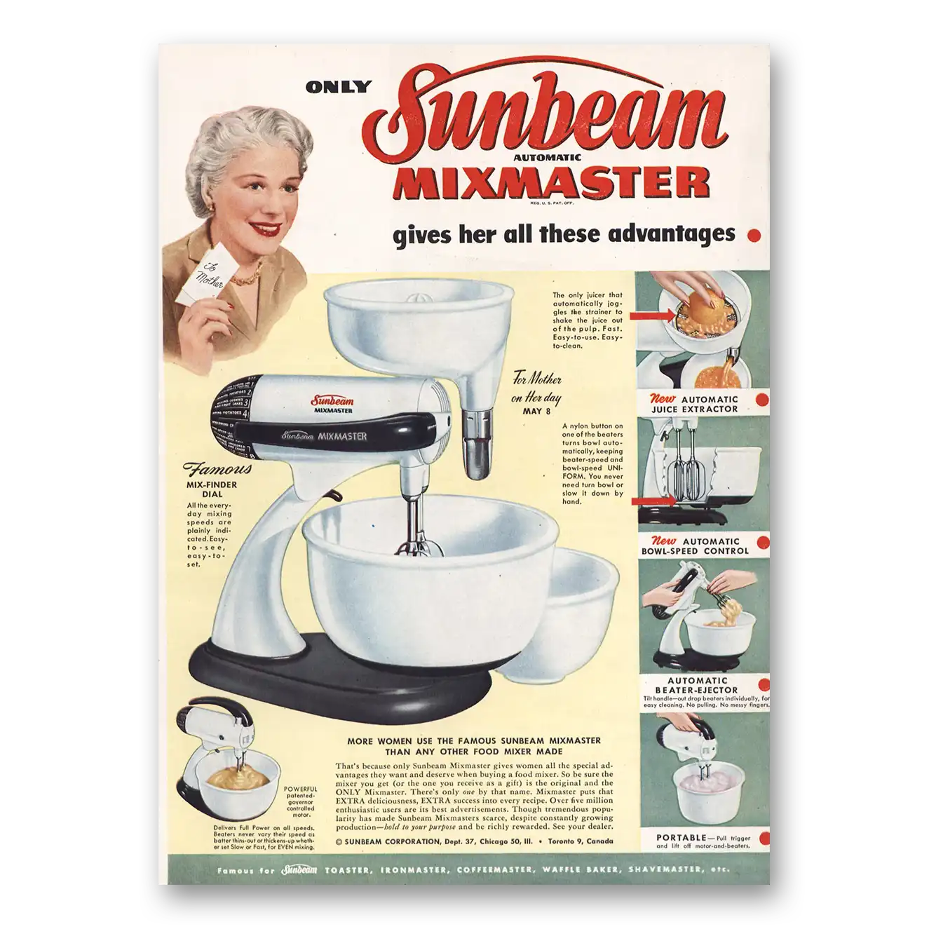 1949 Sunbeam Mixmaster Gives Her All These Advantages Vintage Magazine Print Ad