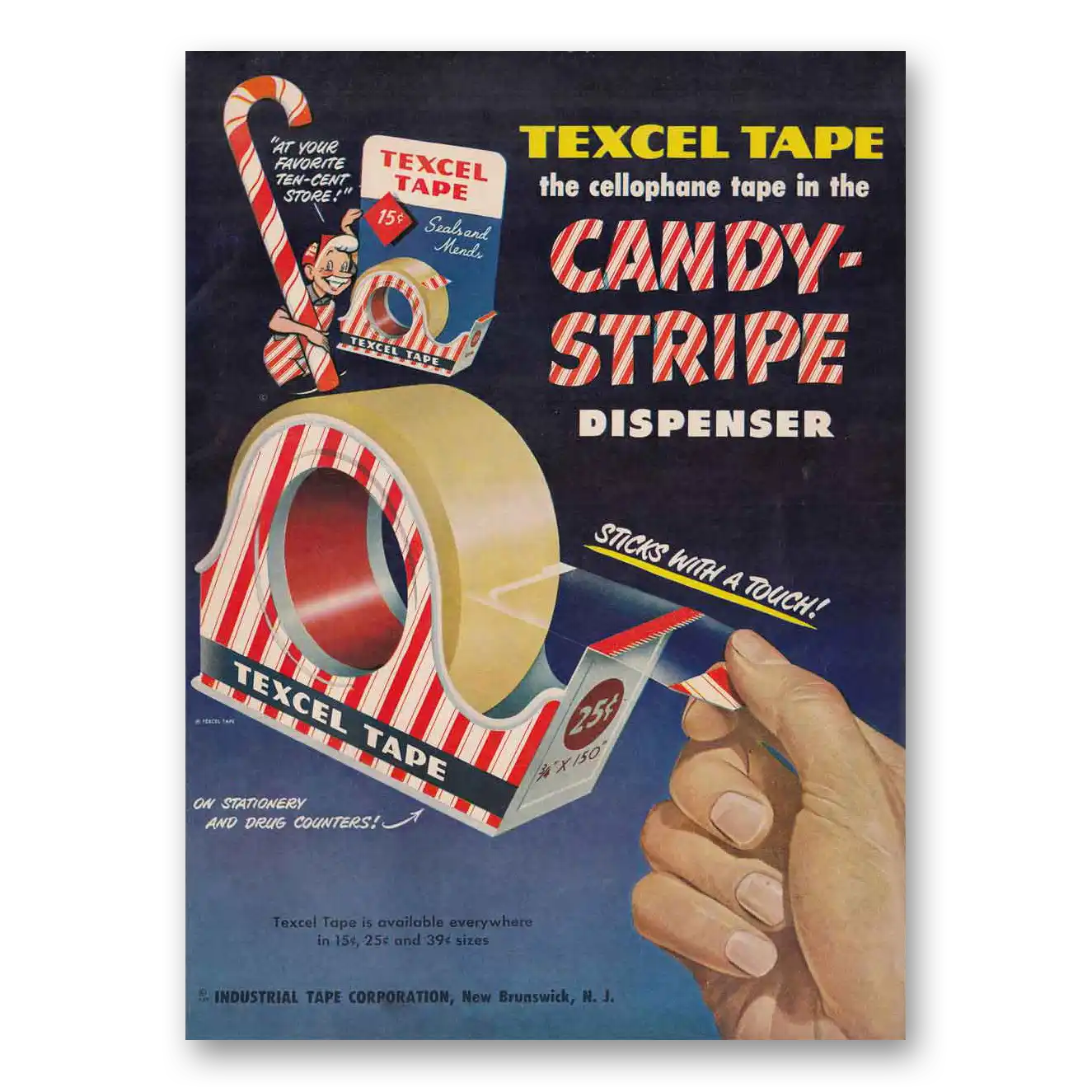 1949 Texcel Tape Candy Stripe Dispenser Vintage Magazine Print Ad