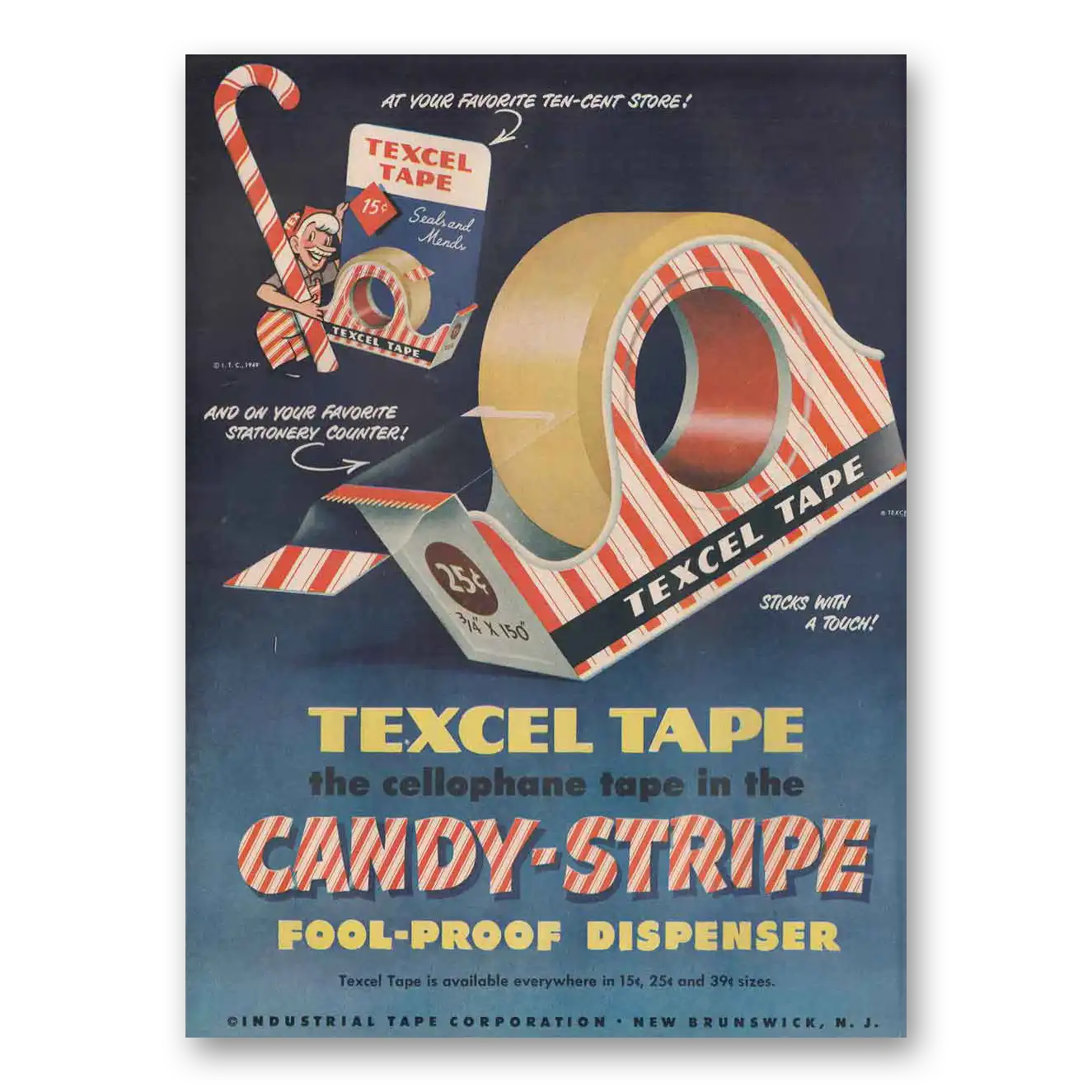 1949 Texcel Tape Candy Stripe Fool Proof Dispenser Vintage Magazine Print Ad