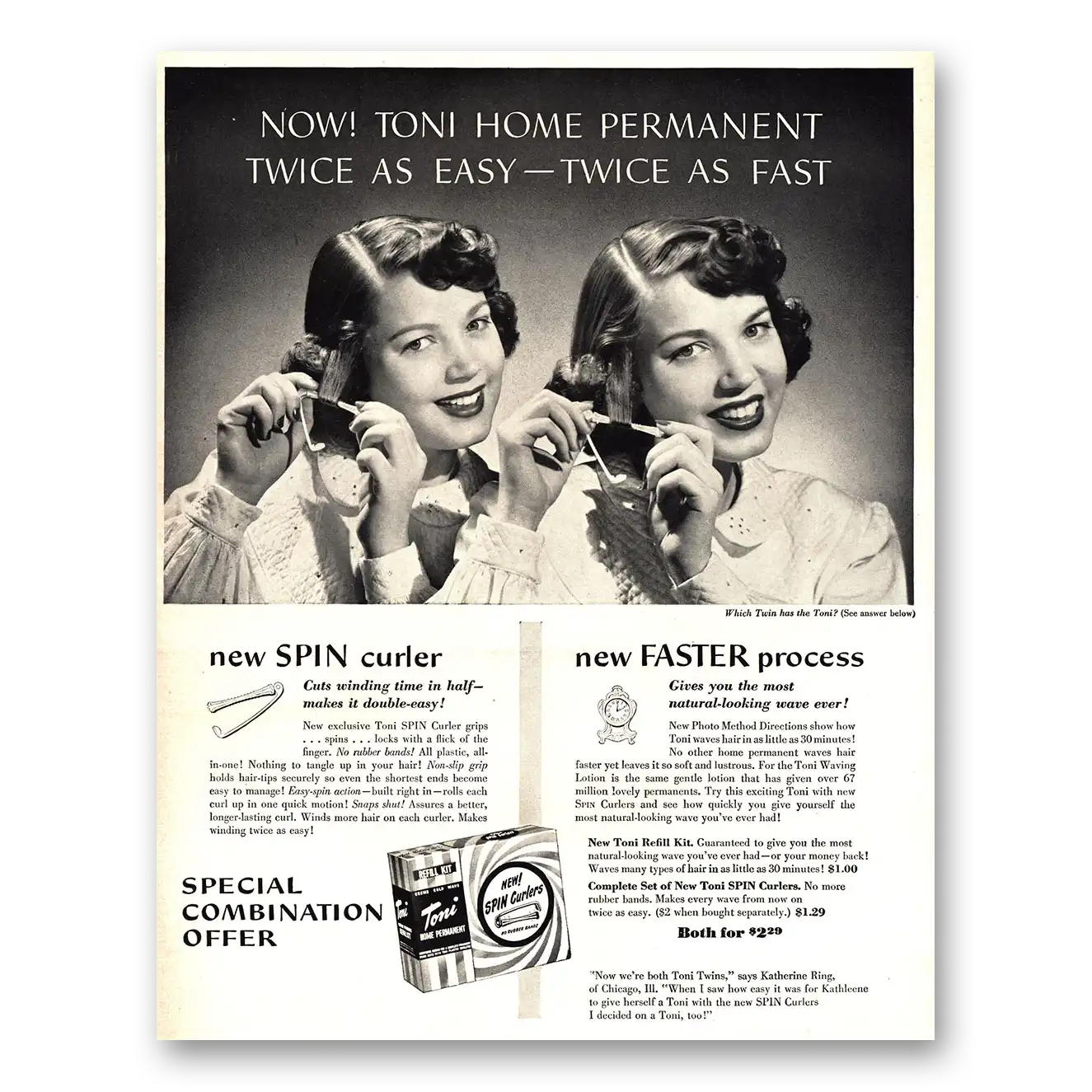 1949 Toni Home Permanent Twice as Easy Twice as Fast Vintage Magazine Print Ad