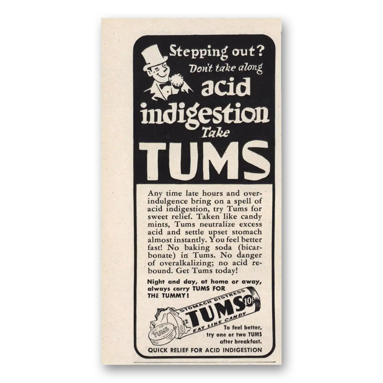 1949 Tums Stepping Out Acid Indigestion Vintage Magazine Print Ad