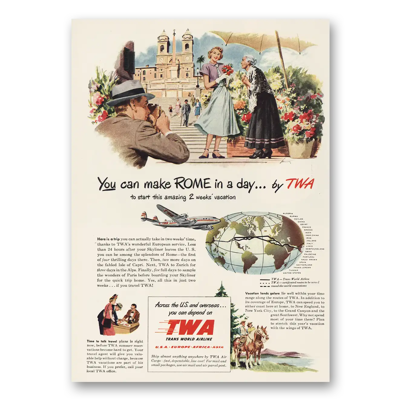 1949 TWA Airlines You Can Make Rome In a Day Vintage Magazine Print Ad