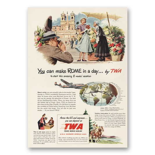 1949 TWA Airlines You Can Make Rome In a Day Vintage Magazine Print Ad