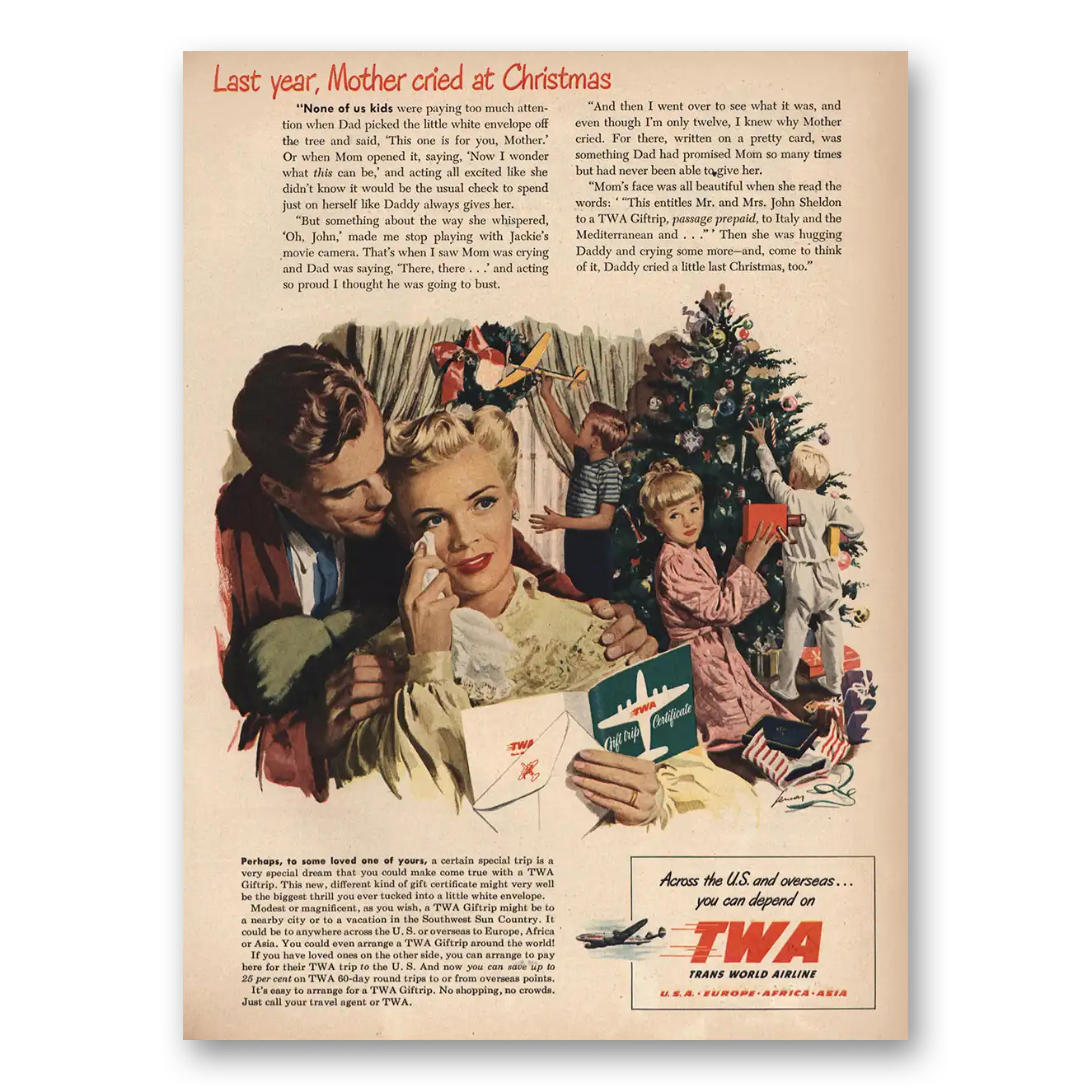 1949 TWA Last Year Mother Cried at Christmas Vintage Magazine Print Ad