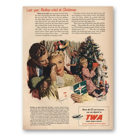 1949 TWA Last Year Mother Cried at Christmas Vintage Magazine Print Ad