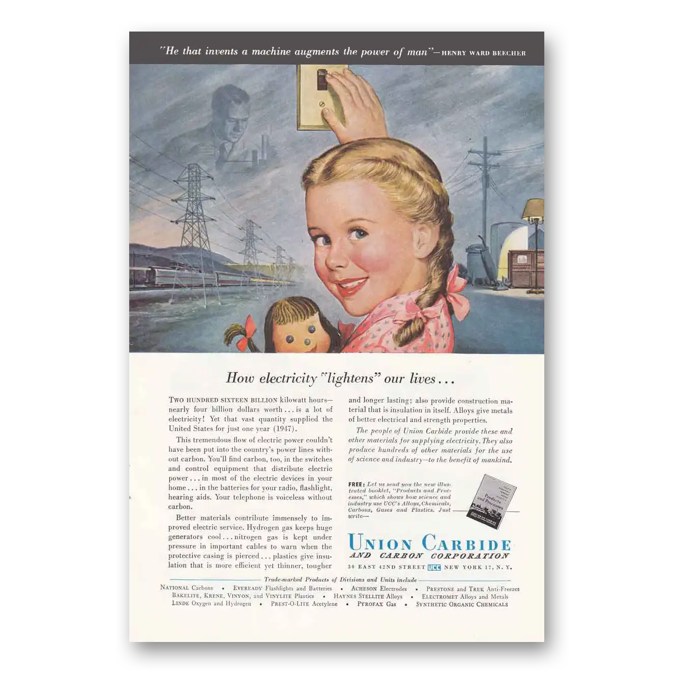 1949 Union Carbide Electricity Lightens Our Lives Vintage Magazine Print Ad