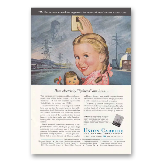 1949 Union Carbide Electricity Lightens Our Lives Vintage Magazine Print Ad