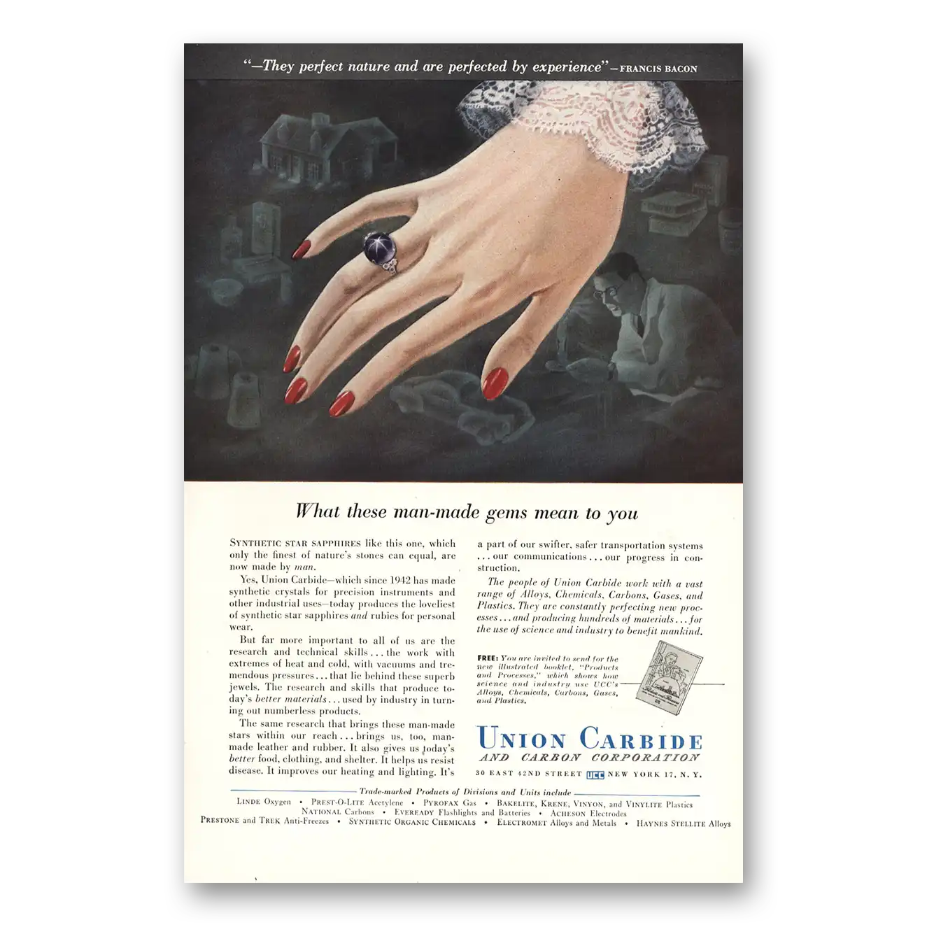 1949 Union Carbide Man Made Gems Vintage Magazine Print Ad