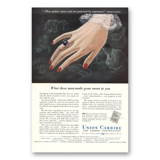 1949 Union Carbide Man Made Gems Vintage Magazine Print Ad