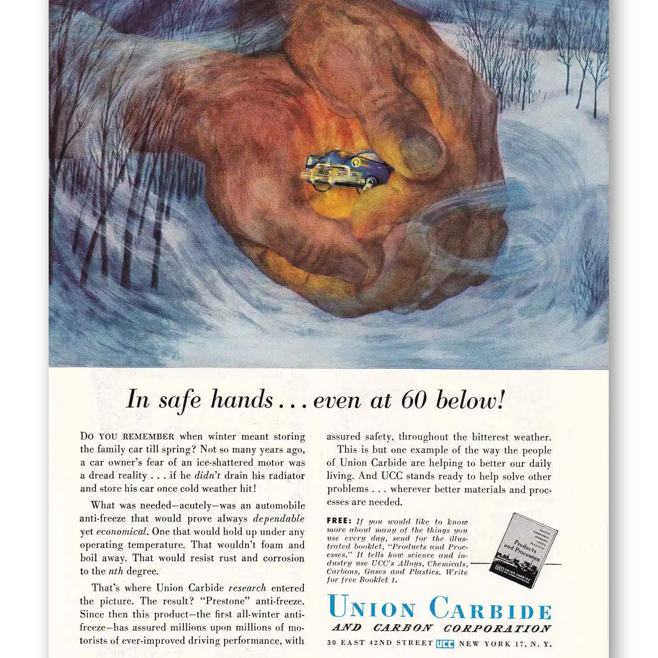 1949 Union Carbide Safe Hands Even at 60 Below Vintage Magazine Print Ad