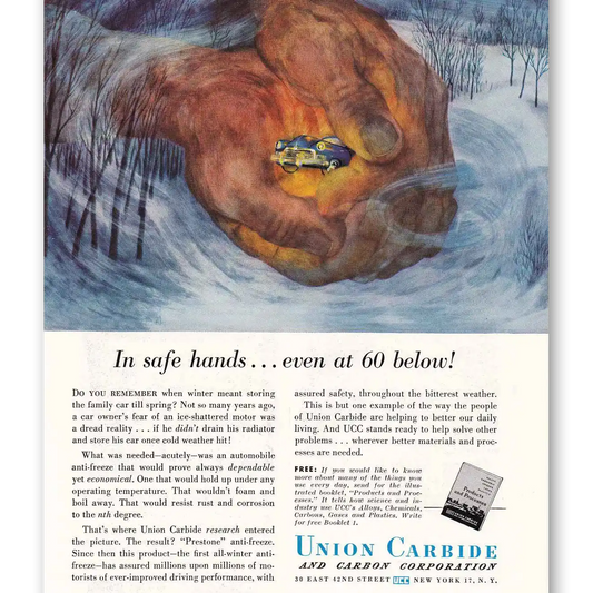 1949 Union Carbide Safe Hands Even at 60 Below Vintage Magazine Print Ad