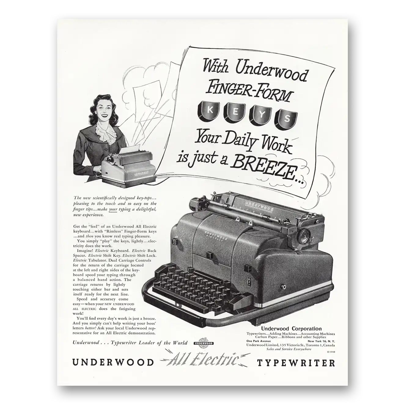 1949 Underwood Typewriter Finger Form Keys Vintage Magazine Print Ad