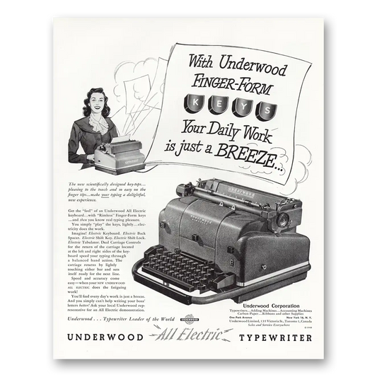 1949 Underwood Typewriter Finger Form Keys Vintage Magazine Print Ad