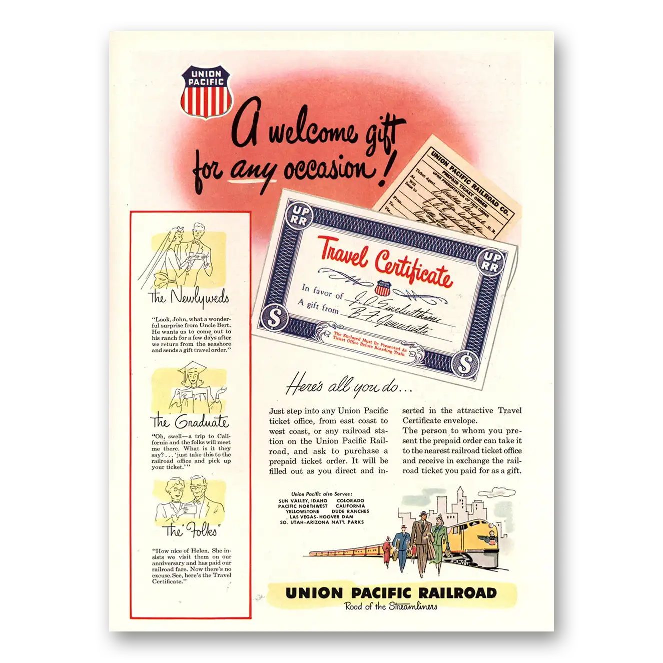 1949 Union Pacific Railroad Welcome Gift Travel Certificate Vintage Magazine Print Ad