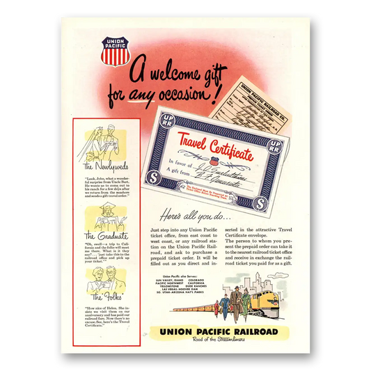 1949 Union Pacific Railroad Welcome Gift Travel Certificate Vintage Magazine Print Ad