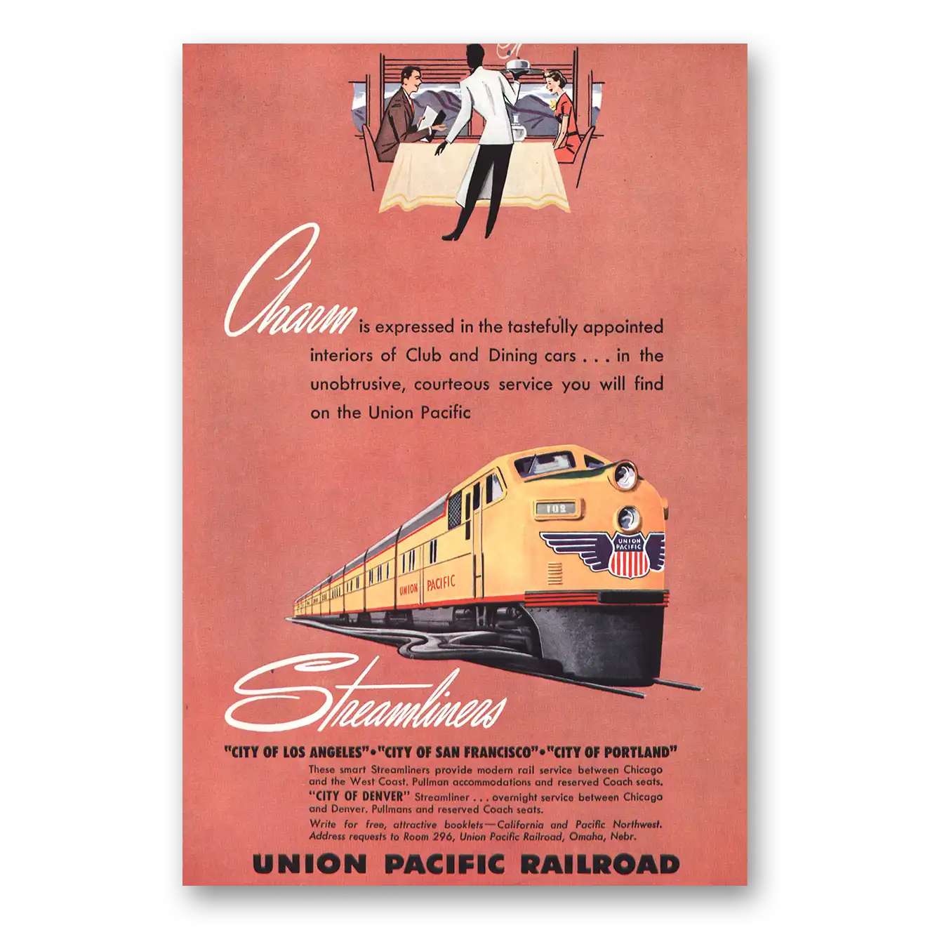 1949 Union Pacific Railroad Charm Club and Dining Vintage Magazine Print Ad