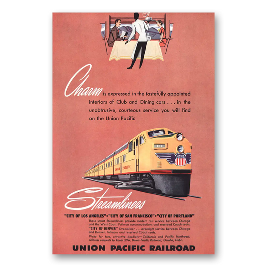 1949 Union Pacific Railroad Charm Club and Dining Vintage Magazine Print Ad