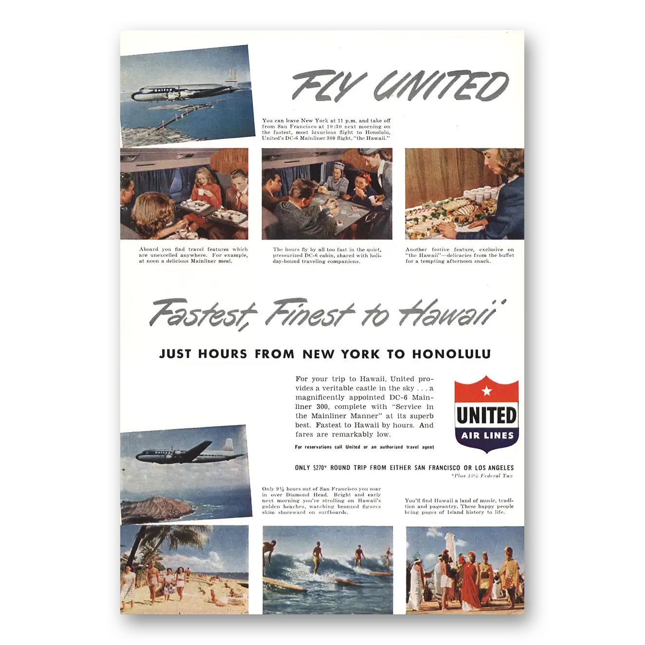 1949 United Airlines Finest to Hawaii Vintage Magazine Print Ad