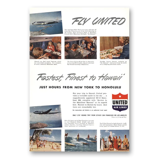 1949 United Airlines Finest to Hawaii Vintage Magazine Print Ad