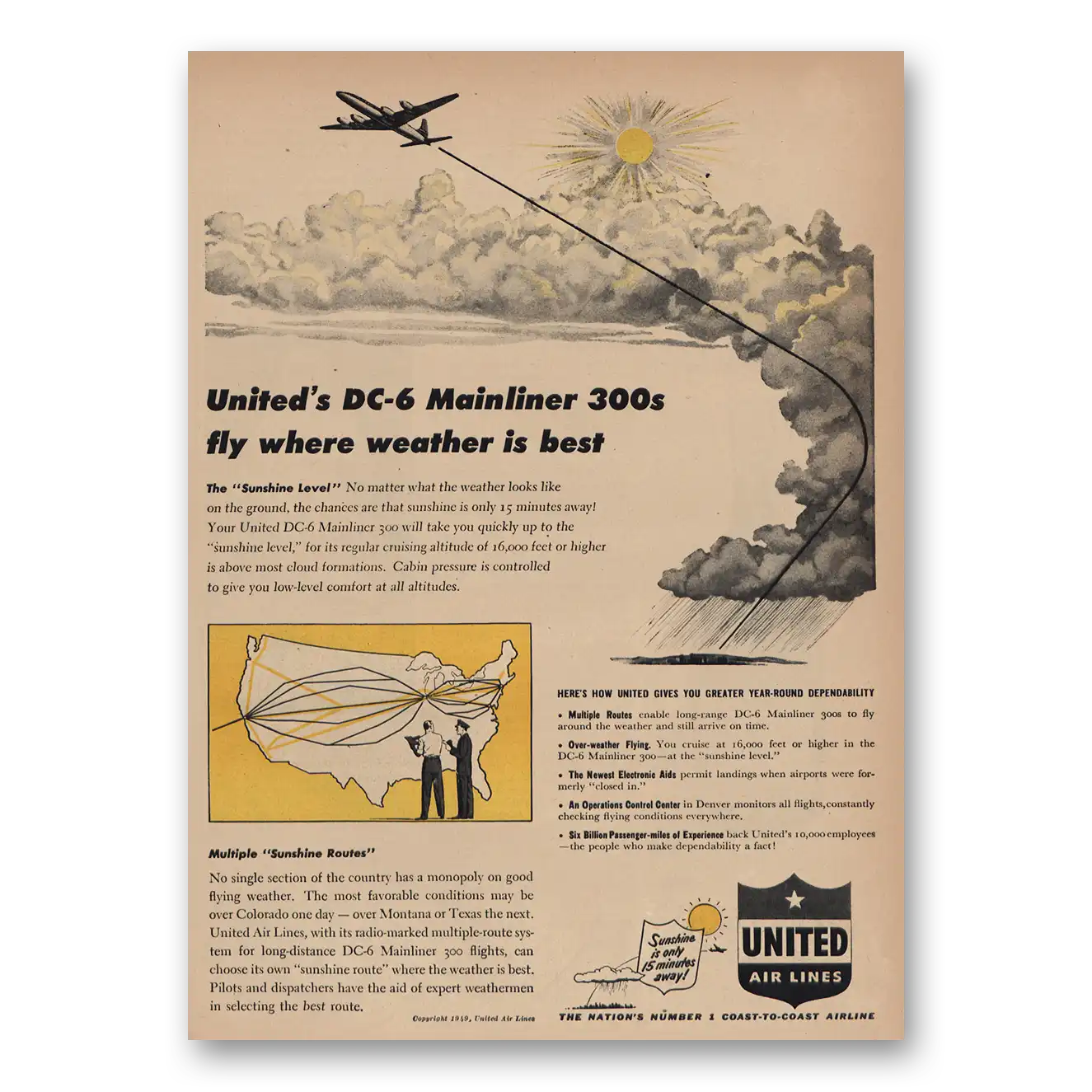 1949 United Airlines DC6 Mainliner 300s Vintage Magazine Print Ad