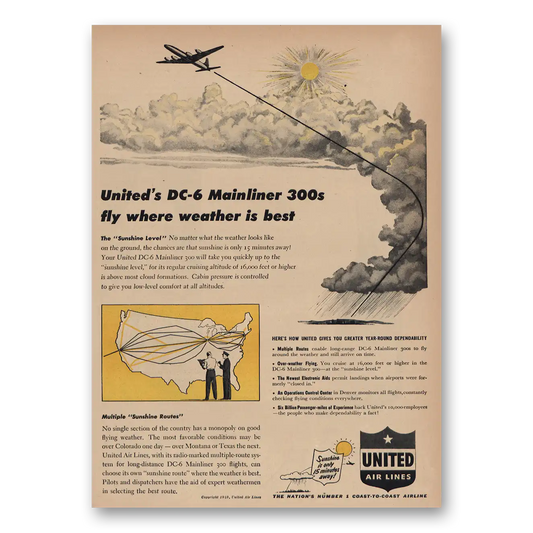 1949 United Airlines DC6 Mainliner 300s Vintage Magazine Print Ad