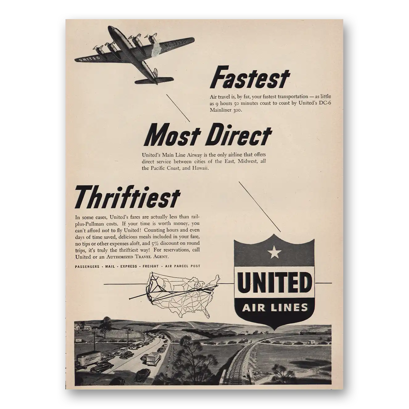 1949 United Airlines Fastest Most Direct Thriftiest Vintage Magazine Print Ad