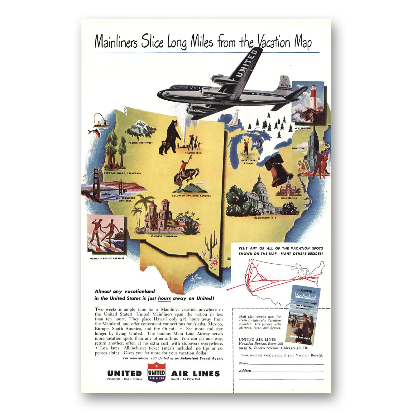 1949 United Airlines Mainliners Slice Long Miles Vintage Magazine Print Ad