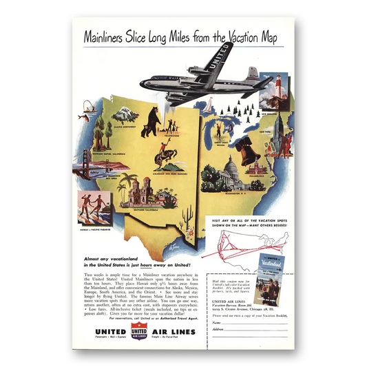 1949 United Airlines Mainliners Slice Long Miles Vintage Magazine Print Ad