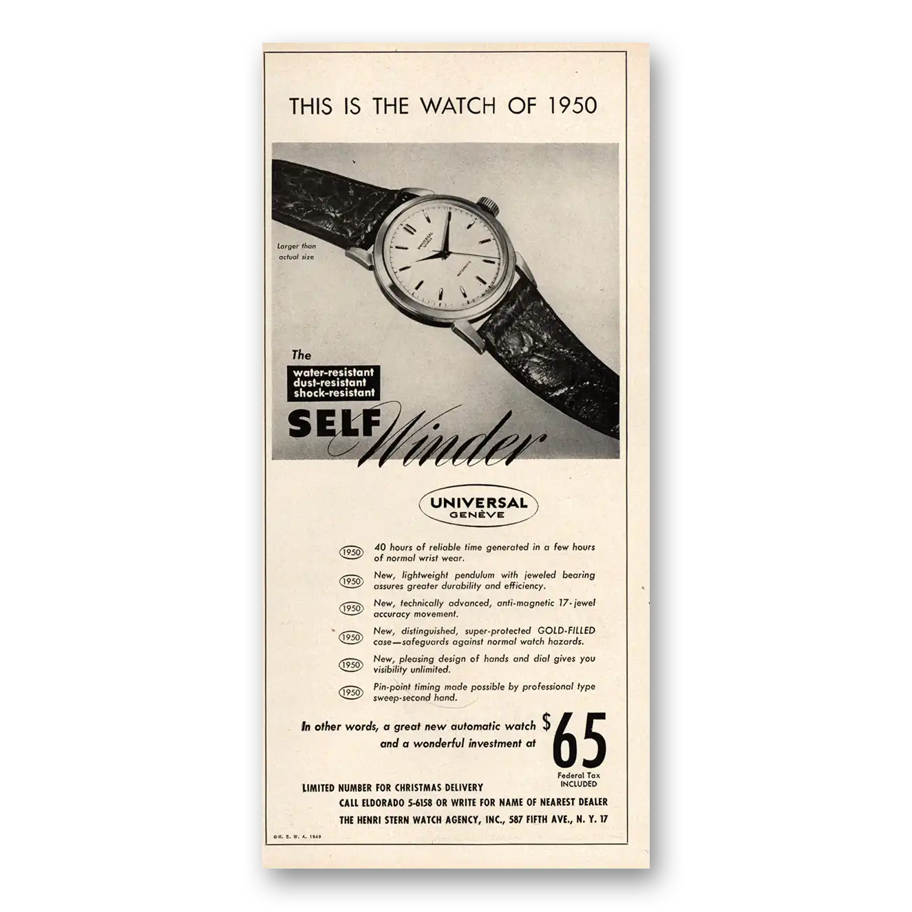 1949 Universal Geneve Watch Watch of 1950 Vintage Magazine Print Ad