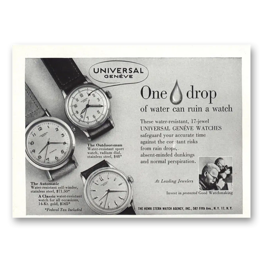 1949 Universal Geneve Watch One Drop of Water Vintage Magazine Print Ad