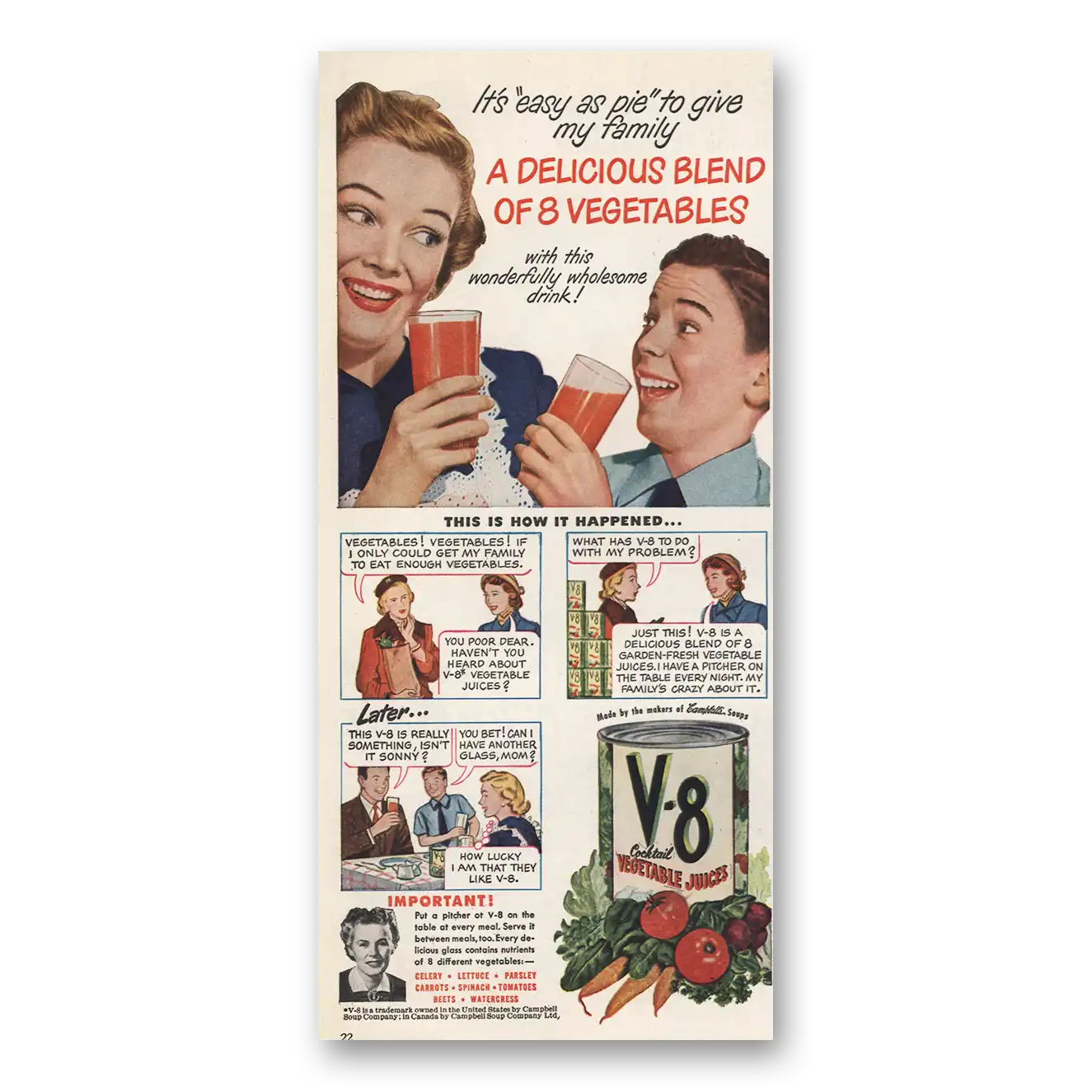 1949 V8 Vegetable Juice As Easy As Pie Vintage Magazine Print Ad