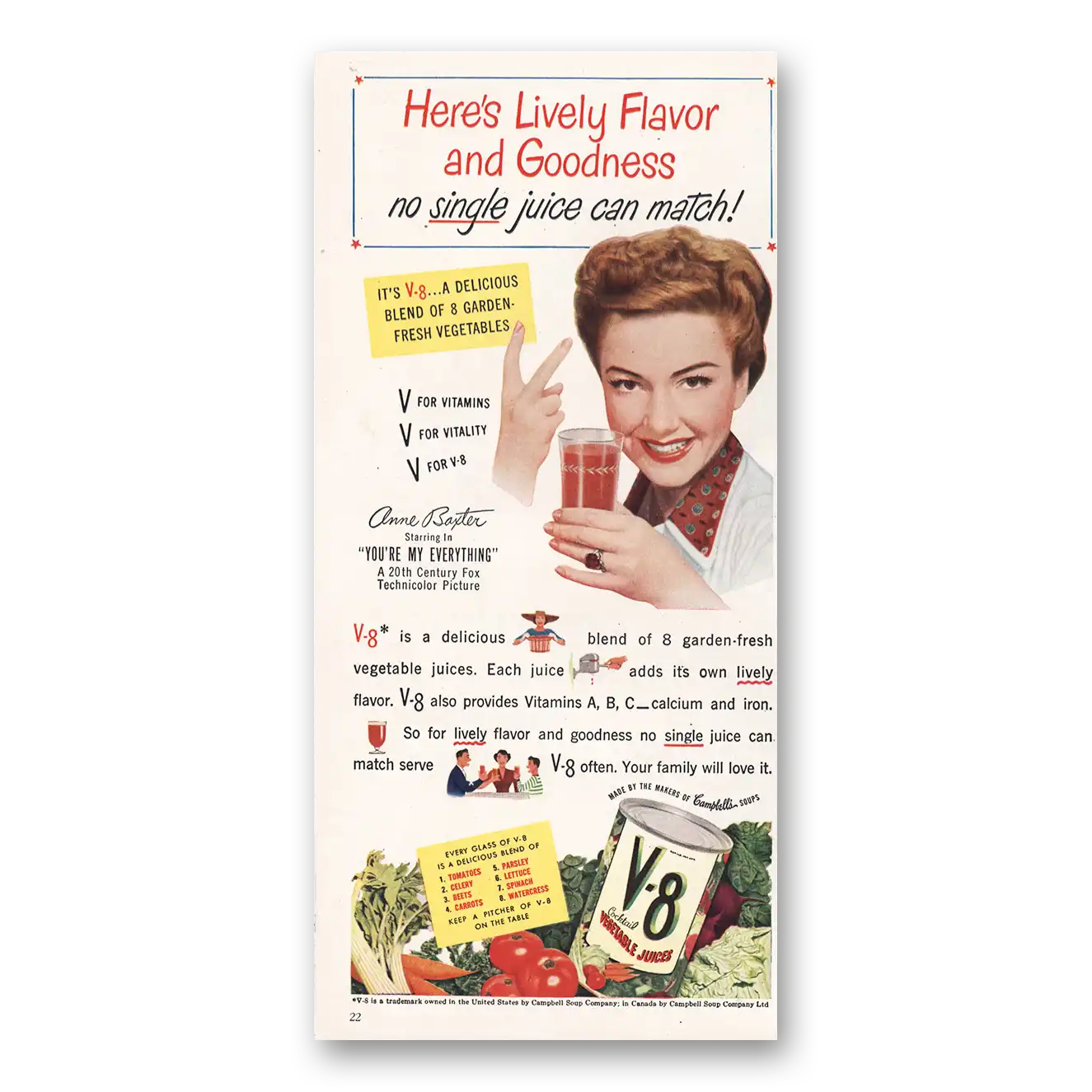 1949 V8 Vegetable Juice Juice Anne Baxter Vintage Magazine Print Ad