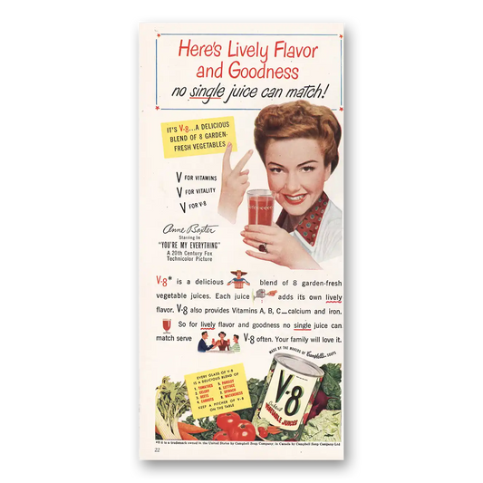 1949 V8 Vegetable Juice Juice Anne Baxter Vintage Magazine Print Ad