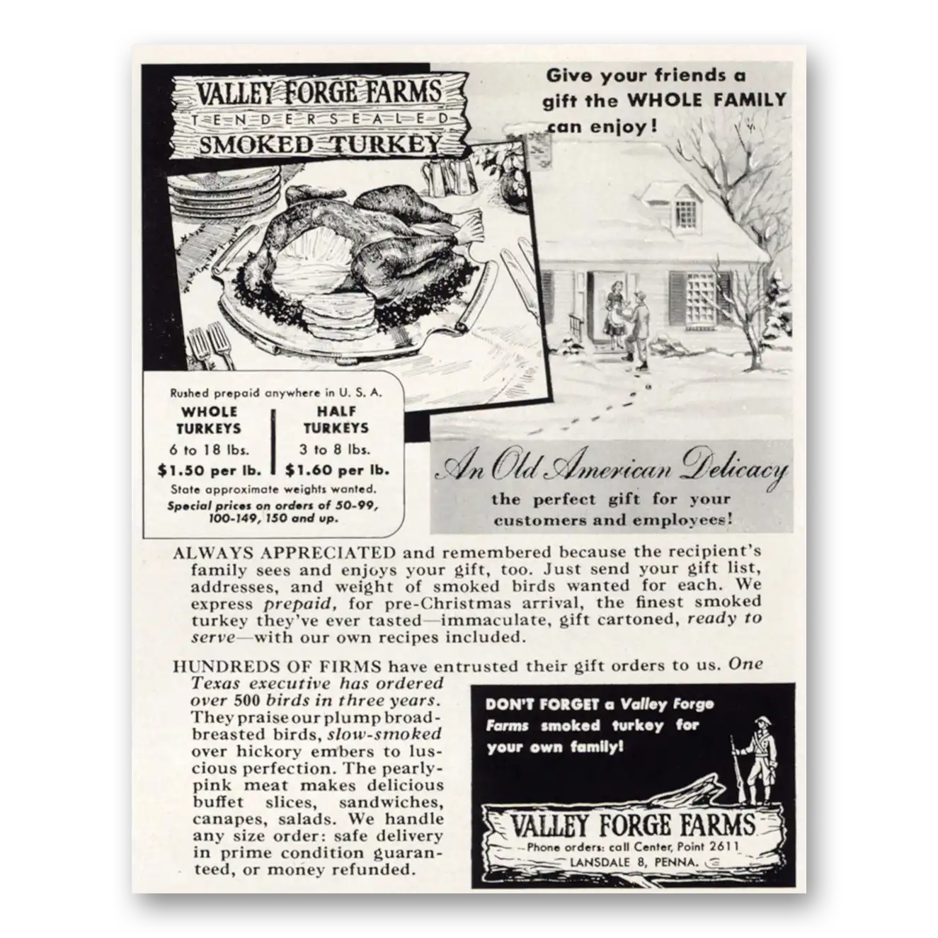 1949 Valley Forge Farms Smoked Turkey Vintage Magazine Print Ad