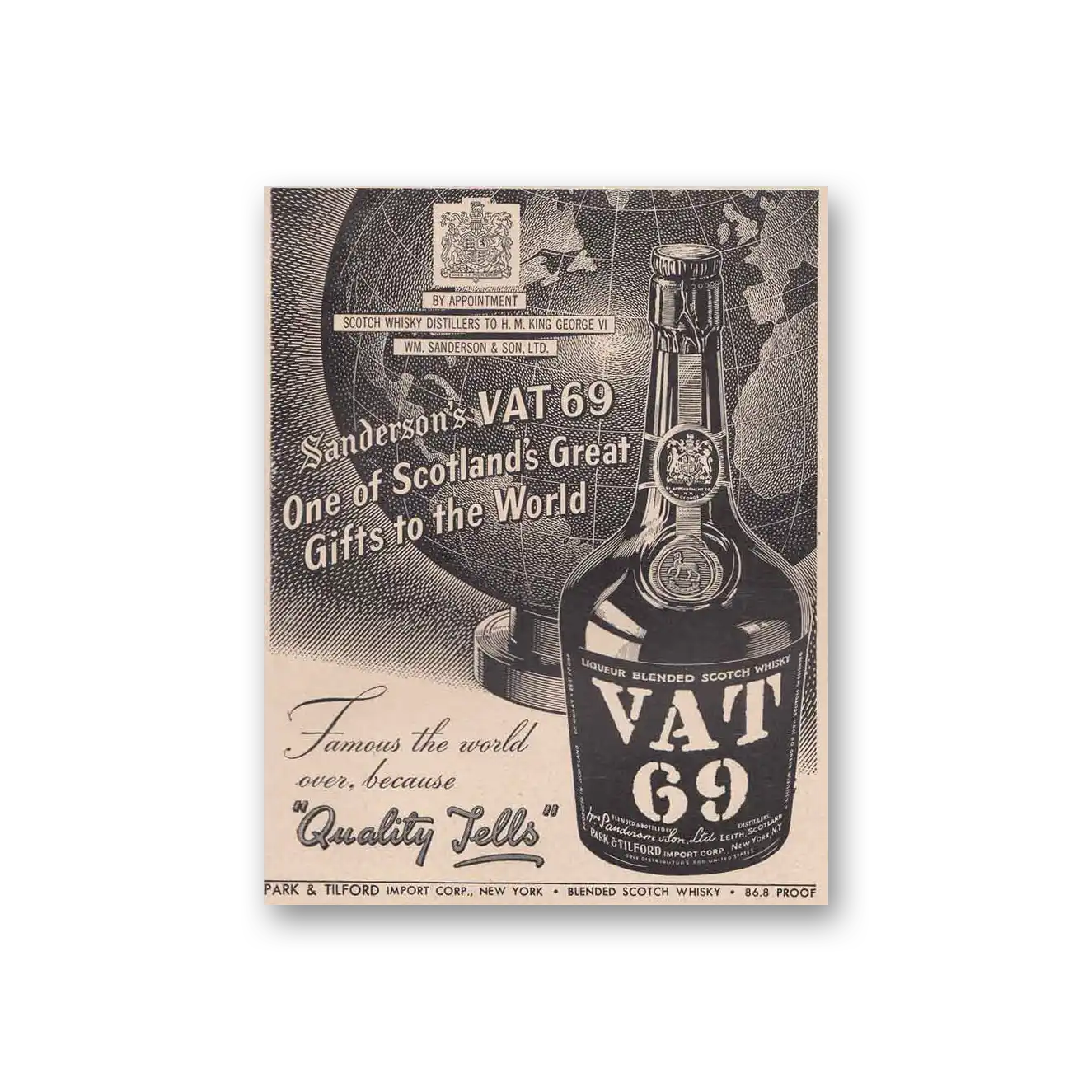 1949 VAT69 Scotlands Great Gifts to the World Vintage Magazine Print Ad