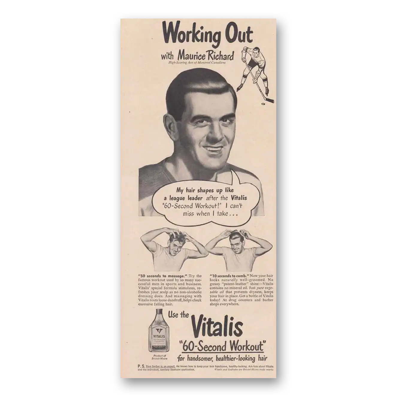 1949 Vitalis Working Out with Maurice Richard Vintage Magazine Print Ad