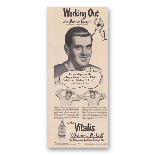 1949 Vitalis Working Out with Maurice Richard Vintage Magazine Print Ad