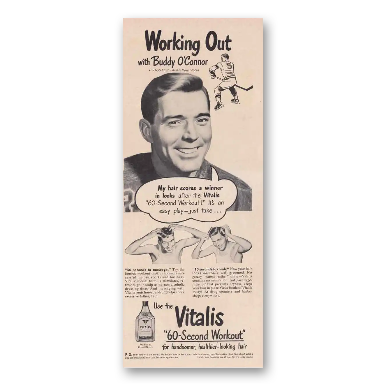 1949 Vitalis Working Out with Buddy OConnor Hockey Vintage Magazine Print Ad