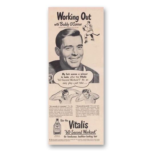 1949 Vitalis Working Out with Buddy OConnor Hockey Vintage Magazine Print Ad