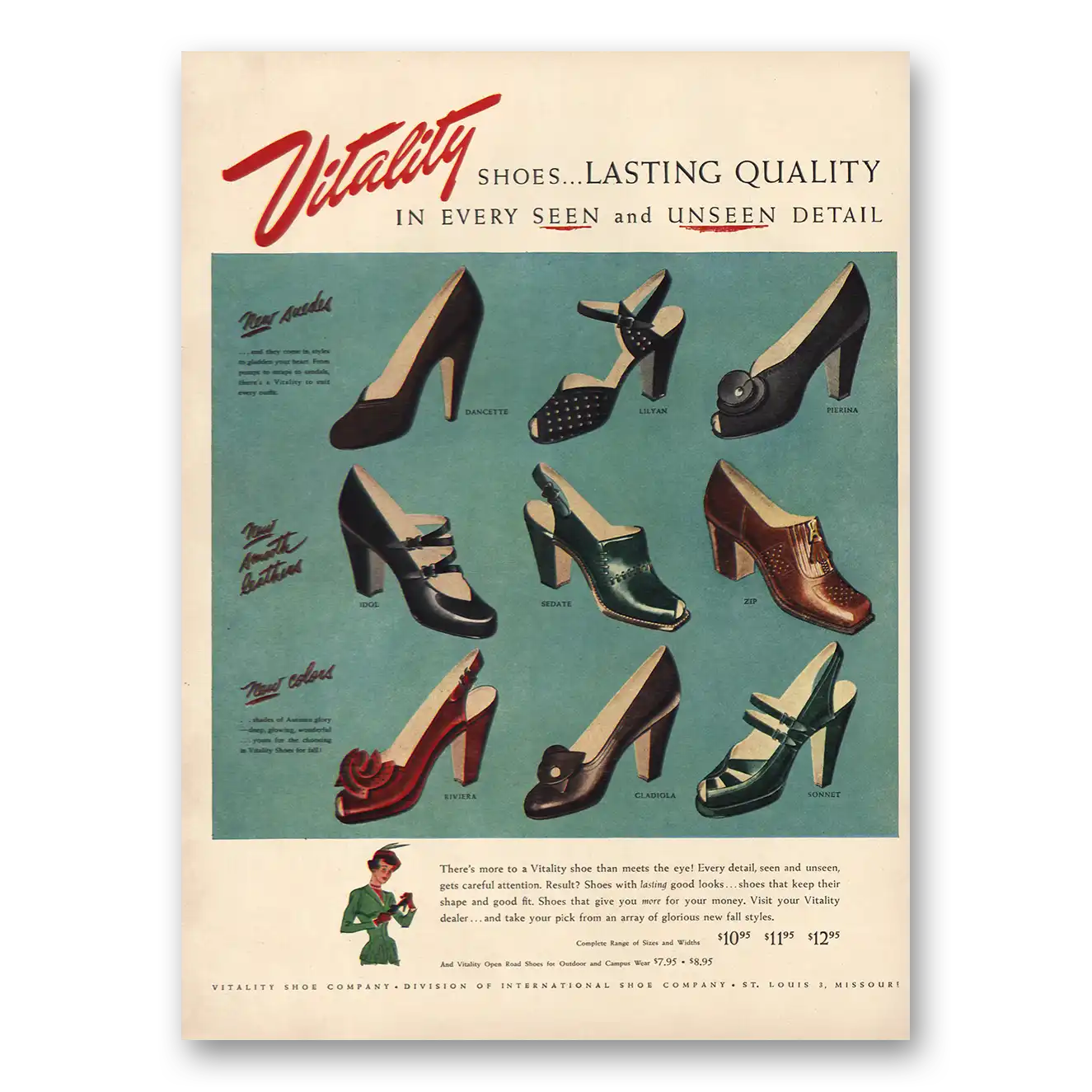 1949 Vitality Shoes Lasting Quality Vintage Magazine Print Ad