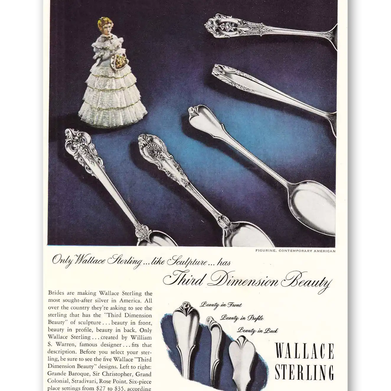 1949 Wallace Sterling Bride Third Dimension Beauty Vintage Magazine Print Ad