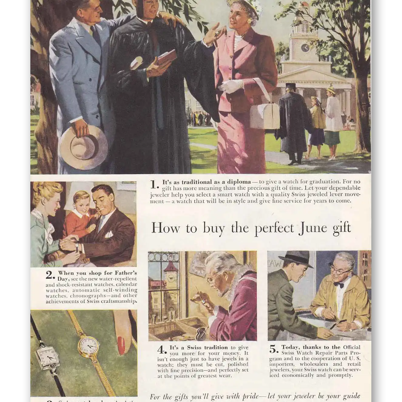 1949 Watchmakers of Switzerland Perfect June Gift Graduation Vintage Magazine Print Ad